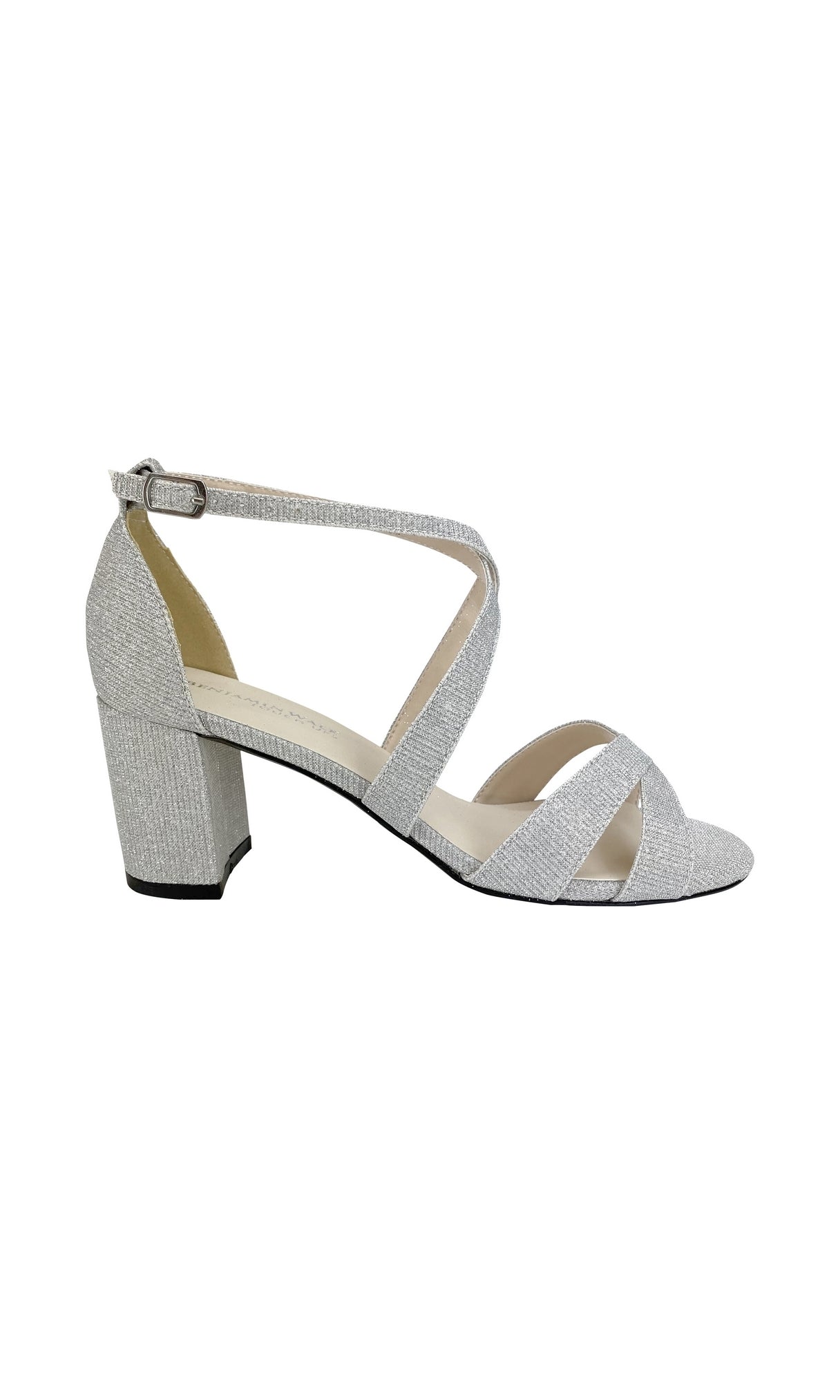 Shine in the Aubrey Silver Prom Shoes by Touch Ups 4498—glittery silver high-heeled sandals with an ankle strap, open toe, and sturdy block heel.